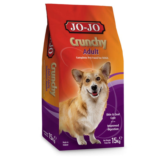 JOJO Crunchy kibble dog food for adult dogs. Improves digestion and provides healthy skin and coat for dogs in Nigeria. Best pet food in Nigeria. .
