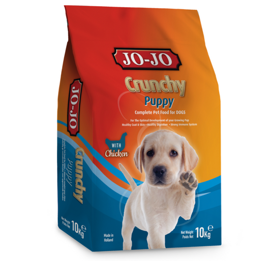 JOJO CRUNCHY Puppy dog food  kibble . Supports growth and the immune system. From 3 weeks old to 18 months. JOJO Crunchy puppy kibble is a complete and balanced dog food. Made in Holland.