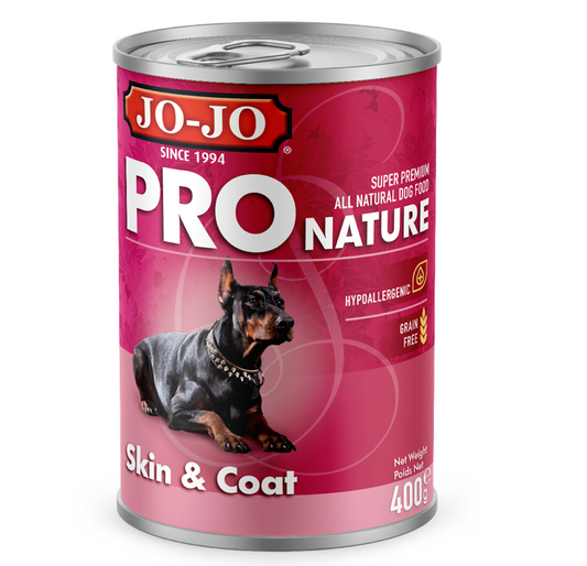 JOJO PRO Nature Skin and Coat super premium dog food. All natural and grain free dog food to help your dog's skin and coat.